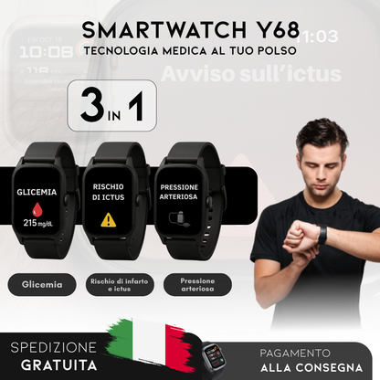 Smartwatch Y68 – Monitor medico 3 in 1 (Glicemia, Pressione arteriosa, Rischio di ictus) | Menu in italiano
